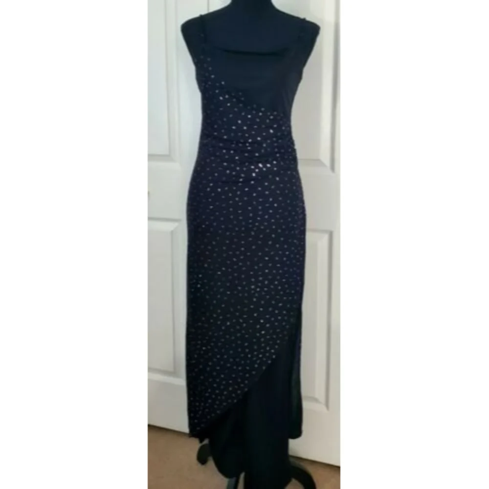 TOWER Ladies Evening Black Stretch Purple Glitter Layered Mesh Jumpsuit Sz M